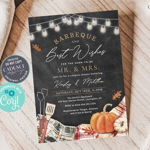 May include: A chalkboard style invitation for a couples shower with the text "Barbeque and Best Wishes for the soon-to-be Mr. & Mrs."  The invitation features a fall theme with pumpkins, plaid fabric, and string lights.