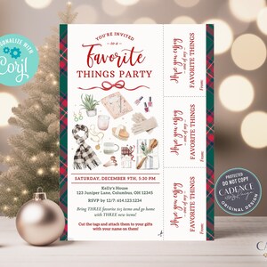 Invitación a fiesta de cosas favoritas con etiquetas de regalo, invitación para intercambio de regalos, invitación única a fiesta de cosas favoritas, etiquetas desmontables, Corjl imprimible