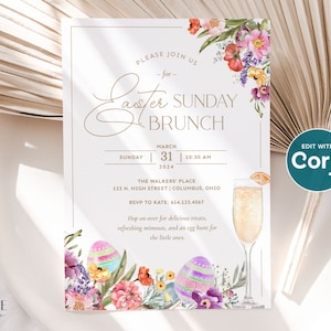 K&ouml;nnte beinhalten: Eine Einladung zu einem Oster-Sonntagsbrunch mit floralem Design und einem Glas Mimosa. Die Einladung enth&auml;lt Datum, Uhrzeit, Ort und RSVP-Informationen. Der Text lautet: "Bitte schlie&szlig;en Sie sich uns zum Oster-Sonntagsbrunch an, Sonntag, 31. M&auml;rz 2024, 10:30 Uhr, The Walkers' Place, 123 N. High Street | Columbus, Ohio, RSVP an Kate: 614.123.4567. Kommen Sie vorbei und genie&szlig;en Sie leckere Leckereien, erfrischende Mimosas und eine Ostereiersuche f&uuml;r die Kleinen."