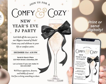 May include: A New Year's Eve party invitation with a gold glitter background and a black and white illustration of a champagne flute with a black bow. The text reads "Join us for a Comfy & Cozy New Year's Eve PJ Party".