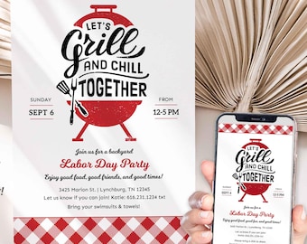 Digital Labor Day BBQ Invitation, Summer Party Invite, Memorial Day Party Invitation, Cookout, Grill & Chill, Printable, Text Invite