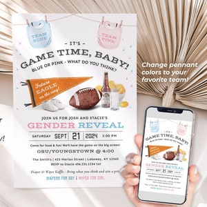 Gender Reveal Party Invitation for a Football theme or Tailgate Gender Reveal. The invitation features a blue bib and pink bib hanging above a football, bowl of chips, baby shoes and a pennant flag that can be changed to any team colors