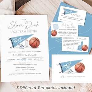 May include: A blue and white baby shower invitation with a basketball theme. The invitation says "It's a Slam Dunk for Team Smith!" and includes a basketball, a baby bottle, and a pennant that says "A baby boy is on the way!"
