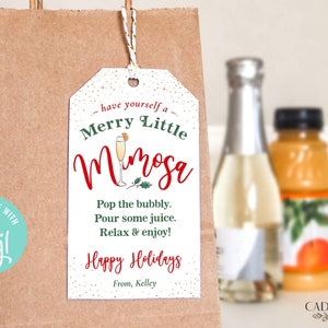 Merry Mimosa Gift Tag, Fun Holiday Gift Tag for friends, Unique teacher gift, Fun Neighbor Gift, Favor Tag, Customizable DIY EDITABLE, Corjl
