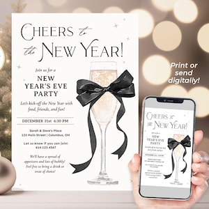 New Year&#39;s Eve Party Invitation with bow, New Years Party Invite, New Year&#39;s Eve Evite, Cheers to the New Year, New Years Day, Digital Corjl