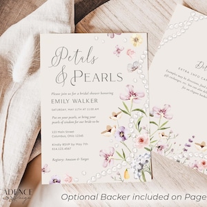 Petals and Pearls Bridal Shower Invitation, Petals Wedding Shower Brunch, Neutral Color Palette, Soft hues Wildflowers Printable Digital P14 image 1