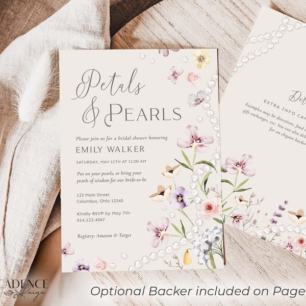Petals and Pearls Bridal Shower Invitation, Petals Wedding Shower Brunch, Neutral Color Palette, Soft hues Wildflowers Printable Digital P14