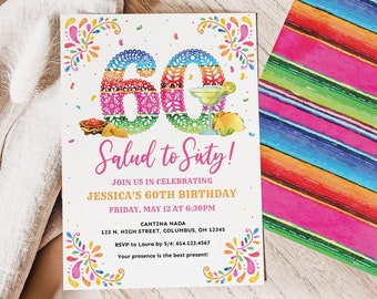 60th Birthday Invitation Fiesta Theme, Salud to 60 Invitation, 60th Fiesta Invitation, Mexican Themed, Sixty, Digital Invite Printable Corjl