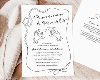 Invitación para Prosecco y Pearls Bridal Shower Invitación con invitación de Prosecco dibujada a mano para Brunch & Bubbly Bridal Shower Digital