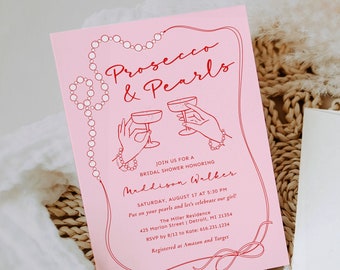 Modern Bridal Shower Invitation with Hand drawn Sketches for Prosecco and Pearls Bridal Shower Invitation in Pink and Red Invitation Digital