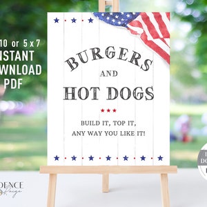 Printable Burgers & Hot Dogs Sign, Burgers and Dogs Bar, Printable 4th of July Food Sign, Grilling Station Sign, Grill Food Digital PDF BQUS