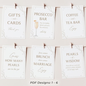 Letreros decorativos con perlas y prosecco para despedida de soltera, letreros con perlas y prosecco, letreros imprimibles en PDF con perlas.