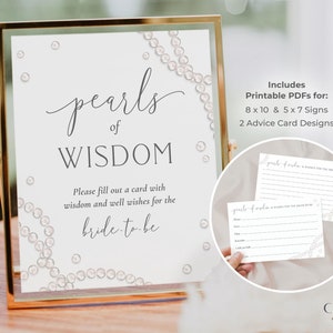 Advieskaarten parels en prosecco, bord Pearls of Wisdom, bord Advies en wensen, advieskaarten vrijgezellenfeest, brunch en bubbels, afdrukbare pdf's