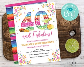 Invitación de cumpleaños "40 y fabulosa", invitación para fiesta de cumpleaños número 40, invitación para fiesta de cumpleaños número 40, 40 años, temática mexicana, hazlo tú mismo, imprimible