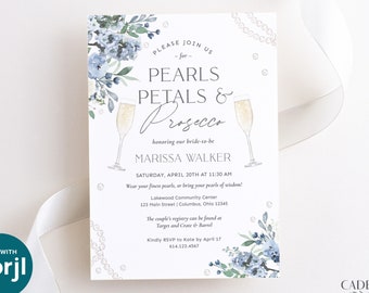 Pearls Petals Prosecco Bridal Shower Invitation, Blue Bridal Shower Invite, Bridal Shower Brunch, Light Blue, Dusty Blue, Printable Corjl 3P