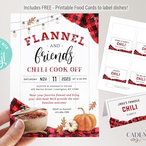 May include: A red and black plaid invitation for a flannel and friends chili cook off. The invitation includes the date, time, and location of the event. It also includes a picture of a pot of chili and a pumpkin.