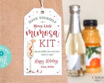 Champagne Holiday Gift Tag, Mimosa Kit Gift Tag, Unique friend gift, Fun Neighbor Gift, Bubbly Favor Tag, Customizable DIY EDITABLE, Corjl