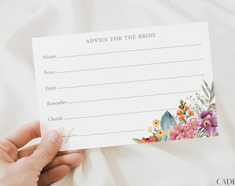 Advice and Wishes for the Bride Cards, Wildflower Bridal Note Cards, Bridal Advice Cards, Wildflower Recipe Cards, Printable, Editable, W3