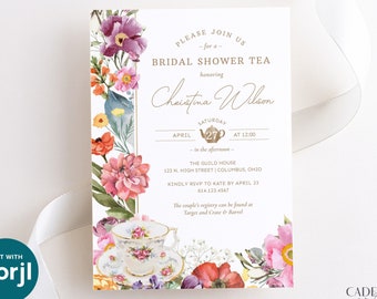 Bridal Shower Tea Invitation, Tea with the Bride-to-be Shower Invite, Tea Party Wedding Shower, with mixed flowers, Spring, Printable, W3