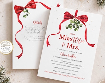 May include: Two white rectangular invitation cards featuring a red ribbon bow and green mistletoe illustration. The front card reads From Missletoe to Mrs. Olivia Walker, Saturday December 12, 2026, at 11:30 AM, The Miller Home, 425 N. East Marion Street, Lexington, KY 12345.
