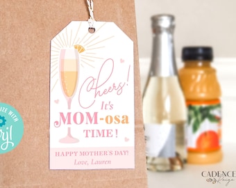 Etiquette cadeau fête des mères mimosa, étiquette cadeau Mom-osa pour amies maman, étiquettes cadeaux fête des mères amusantes, coffret cadeau Mimosa, modèle personnalisable imprimable