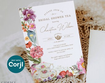 Invitation for Bridal Shower Tea with the Bride-to-be Shower Invite with Tea Party Wedding Shower Invite with wildflowers, Printable, W3