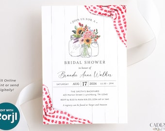 Bridal Shower Picnic Invitation, BBQ Bridal Shower Invitation, Picnic Shower Invitation for Backyard Bridal Shower Mason Jars Printable DIY