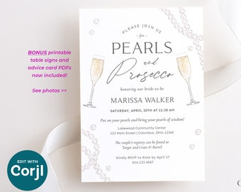 Pearls and Prosecco Bridal Shower Invitation, Prosecco and Pearls Wedding Shower Brunch and Bubbly, minimal chic Digital, Printable Corjl