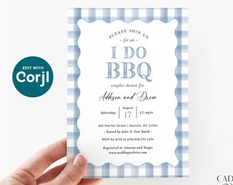 I Do BBQ Invitation, Blue BBQ Couples Shower Invite, Backyard bbq Wedding Shower Invite, Wavy Edge, Blue Gingham, Digital, Printable, Wave