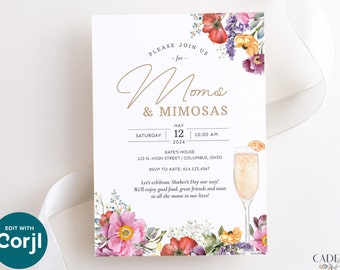 Mother's Day Brunch Invitation, Mom Brunch, Moms and Mimosas, Mother's Day Brunch to Send Digitally, with Spring Flowers, Printable DIY, W3