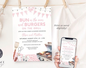 Bun in the Oven Burgers on the Grill Invitation for Girl Baby Shower Cookout Pink Baby-Q Shower Baby Girl Sprinkle with Pink Gingham Digital