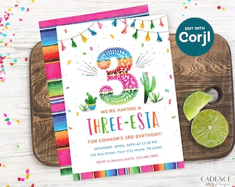 3rd Birthday Party Invitation for 3rd Birthday Fiesta Birthday Invite for Three-esta 3rd Birthday Invitation to Send Digitally DIY Printable