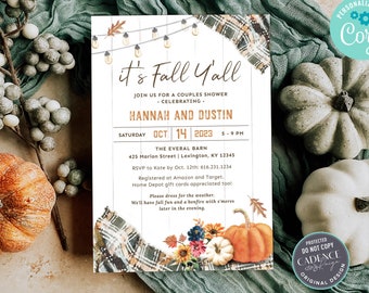 Fall Y'all Couples Shower Invite, Autumn Engagement Party, Fall Engagement Party Invitation, Pumpkin, Barn Party, DIY Printable Corjl, GP