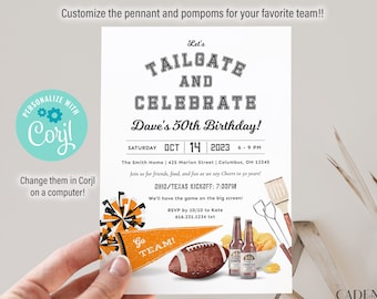 May include: A white invitation card with black text that says "Let's Tailgate and Celebrate Dave's 50th Birthday!" The invitation includes details for a party on Saturday, October 14, 2023, from 6-9 PM at The Smith Home. The invitation also includes a football, pom-poms, and a pennant with the text "Go Team!"