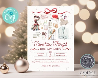 May include: A white invitation with red text for a "Favorite Things Holiday Party" on Saturday, 9th December at 6:00 PM. The invitation includes a list of items to bring and an RSVP number. The invitation is decorated with watercolour illustrations of holiday-themed items.