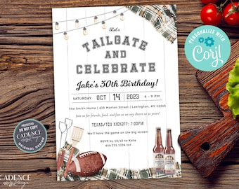 May include: A white and green birthday party invitation with a football, beer bottles, and a grill. The invitation says "Let's Tailgate and Celebrate Jake's 30th Birthday!" with the date and time of the party. The invitation also includes the address and RSVP information.