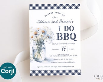 Invitation for BBQ Couples Shower in Navy I Do BBQ Shower Invitation with Daisies in Mason Jar and Navy Gingham Digital Invitation for BBQ