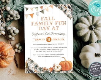 Puede incluir: Una invitación imprimible para un Día de Diversión Familiar de Otoño en la Escuela Primaria Highland Oak. La invitación presenta un fondo de madera rústico con decoraciones de otoño, incluyendo calabazas, tela a cuadros y banderas de banderines. El texto de la invitación incluye la fecha, hora y lugar del evento, así como una lista de actividades, que incluyen pintura facial, decoración de calabazas, casas inflables, carreras de relevos, golosinas de otoño y una barra de café para adultos.