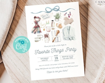 May include: A white invitation card featuring a watercolour illustration of various items, including a scarf, a robe, a plant, and nail polish. The text on the card reads "Favorite Things Party" and includes details about the event, such as the date, time, and location.