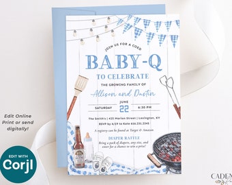 Blue BabyQ Shower Invitation Baby is Brewing, BabyQ Sprinkle for boy BBQ Baby Shower Invitation in blue, Diaper Shower, Coed, Digital BQ24