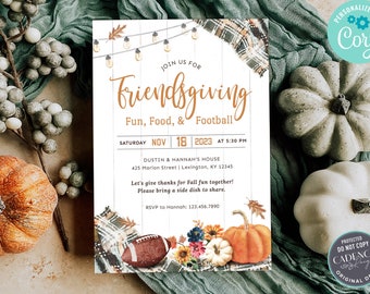 May include: A Friendsgiving invitation with a rustic woodgrain background, featuring a plaid pattern, fall leaves, and a football. The text reads "Join us for Friendsgiving Fun, Food, & Football" with the date and time of the event.