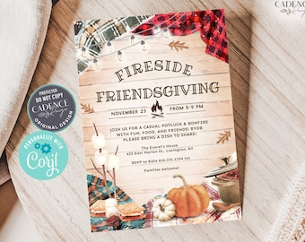 May include: A rustic-themed invitation for a Friendsgiving celebration with a campfire and s'mores graphic. The invitation reads "Fireside Friendsgiving" with the date "November 23" and time "From 5-9 PM". It also includes details about the event, such as the location, RSVP information, and a request to bring a dish to share.