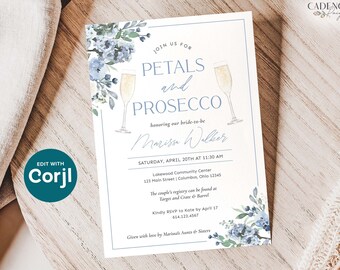 May include: A blue and white floral bridal shower invitation with the text "Join us for Petals and Prosecco honoring our bride-to-be Marissa Walker". The invitation includes the date, time, and location of the event, as well as the registry information.