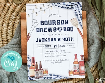 May include: A white invitation with blue and red accents for a 40th birthday party. The invitation reads "Join us for Bourbon Brews & BBQ to celebrate Jackson's 40th". The party is on Saturday, September 14, 2023 at 5:00 PM at The Kerrigan Home, 123 Richland Lane, Lexington, KY 12345. RSVP to Stacey at 123-456-7890. The invitation includes a watercolor illustration of a bottle of bourbon, a bottle of beer, a glass of whiskey, and a spatula.