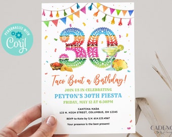 Può includere: Un invito colorato per una festa di compleanno di 30 anni con un tema messicano festoso. L'invito presenta un grande numero "30" fatto di ritagli di carta colorati, un bicchiere di margarita e un taco. Il testo recita "Taco 'Bout a Birthday!" e include i dettagli della festa, tra cui la data, l'ora e il luogo.
