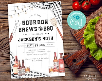 Bourbon Birthday Invitation, Bourbon Brews and BBQ, BBQ Birthday Party for Him Invite, 30th, 35th, 40th, 50th, 60th, Printable, Corjl