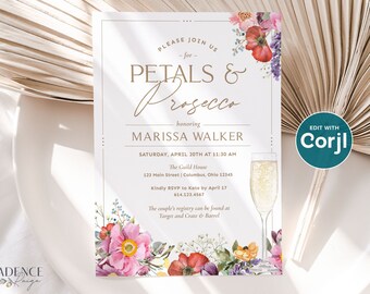 Petals and Prosecco Bridal Shower Invitation, Wildflower Bridal Shower Invite, Brunch and Bubbly, Colorful Wedding Shower, Printable, W3