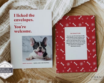 May include: A red and white holiday card with a bone and snowflake pattern. The card has a white text box with the text "OH WHAT FUN!" and a smaller white text box below it. The text in the smaller box says "You can use this text box to add more details to your holiday card, such as events throughout the year or any exciting news to share with loved ones. Or you can simply delete this text box and the white box below for a simple and decorative backer."