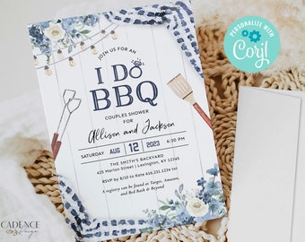 Blue I Do BBQ Invitation, Dusty Blue and Navy Couples Shower Invitation, bbq rehearsal dinner invitation, Blue Shower Invite, Printable BQDB