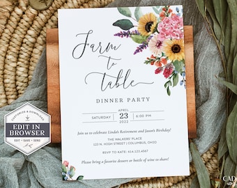 Farm to Table Dinner Party Invitation, Farm Dinner Party Invitation, Digital Dinner Party Invite Farm Fresh Printable Dinner Party Invite W2